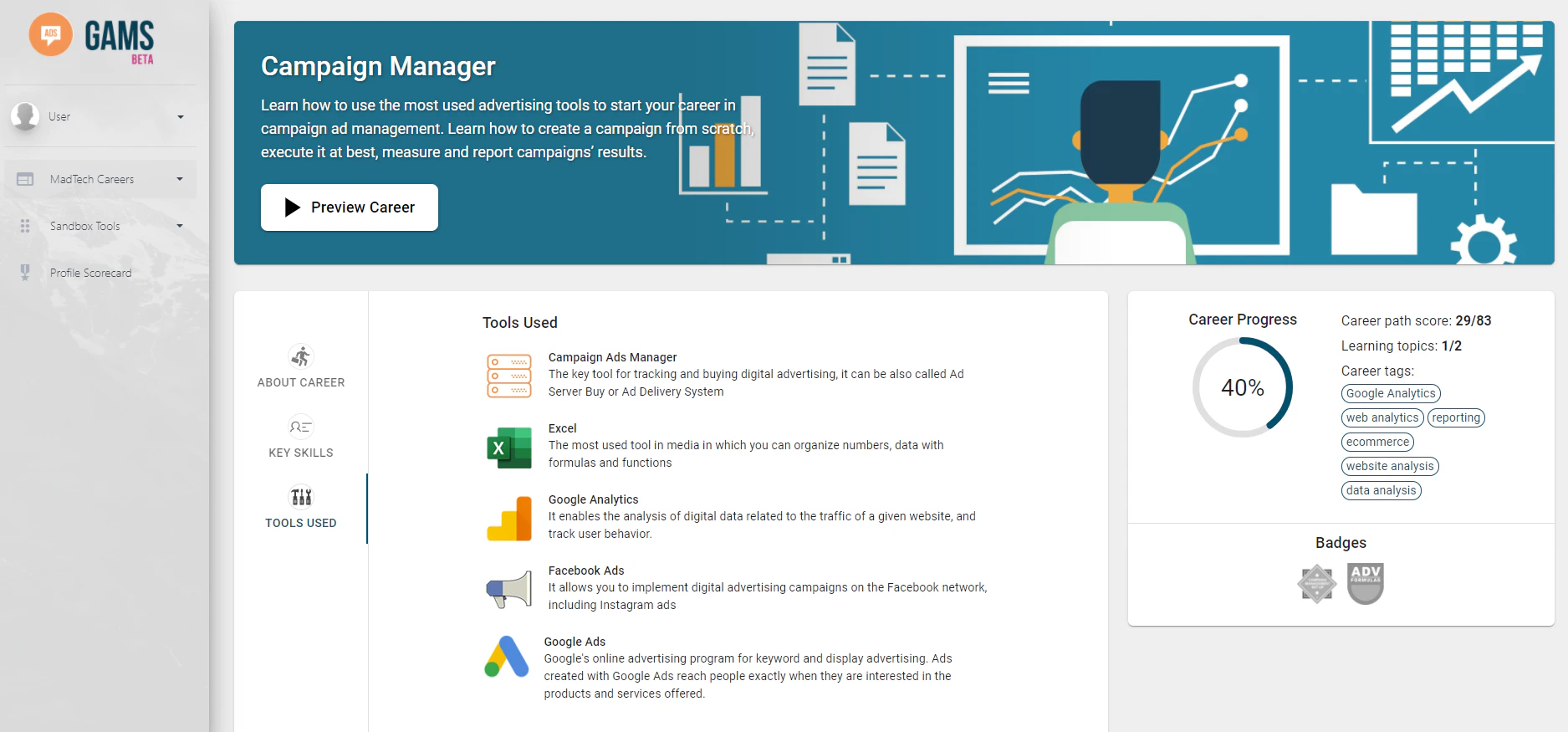 screenshot of GAMS platform